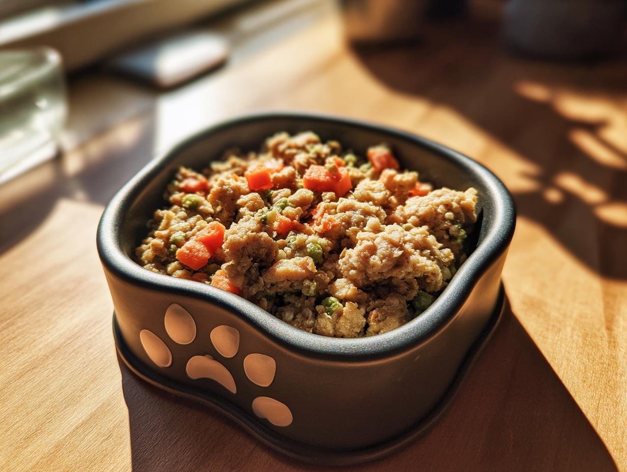 A bowl filled with Chicken and Quinoa Strong Body Meal for Complete Balance, featuring visible pieces of chicken, quinoa, carrots, and peas.