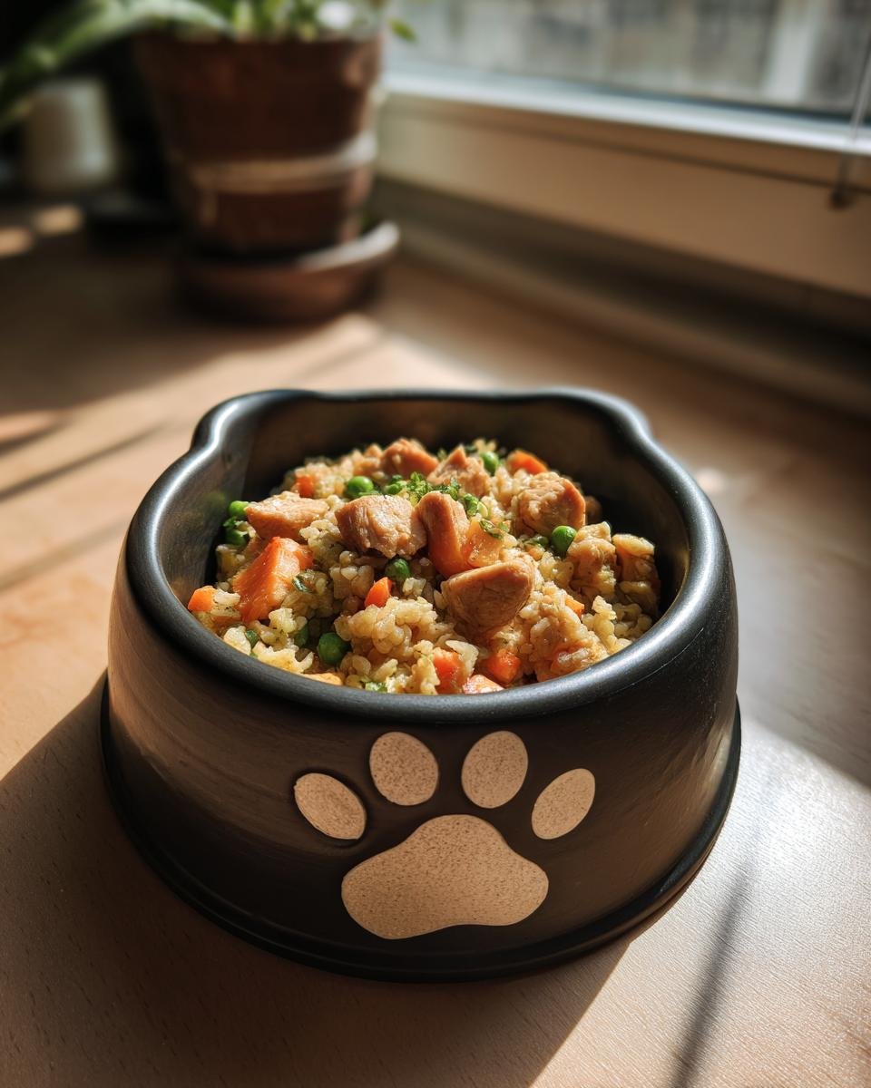 A bowl of Chicken and Quinoa Strong Body Meal for pets, featuring chicken pieces, quinoa, peas, and carrots.