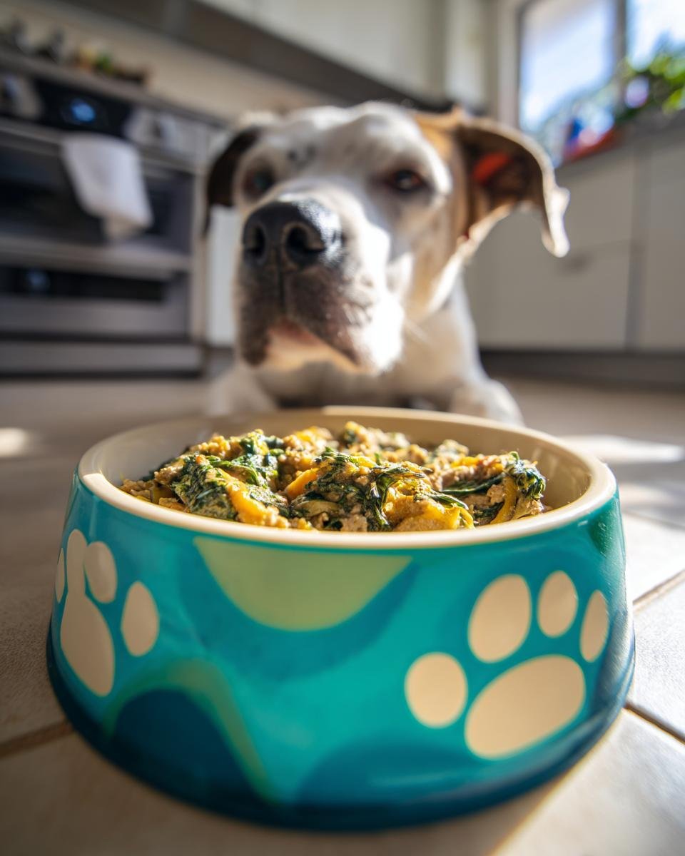 A dog looking at a bowl of chicken and spinach lean meal for dogs.