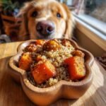 A golden retriever dog looking curiously at a Chicken and Squash Beta Carotene Bowl.