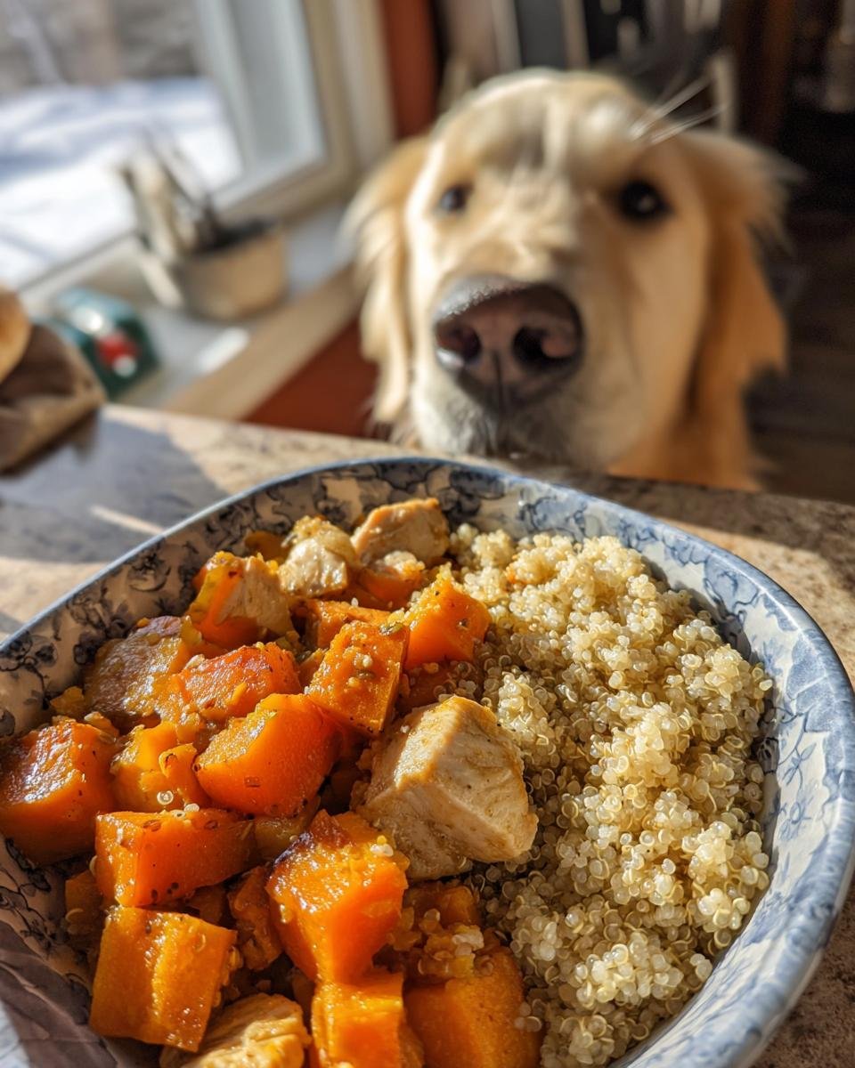 A close-up of a Chicken and Squash Beta Carotene Bowl with quinoa, and a golden retriever looking on.