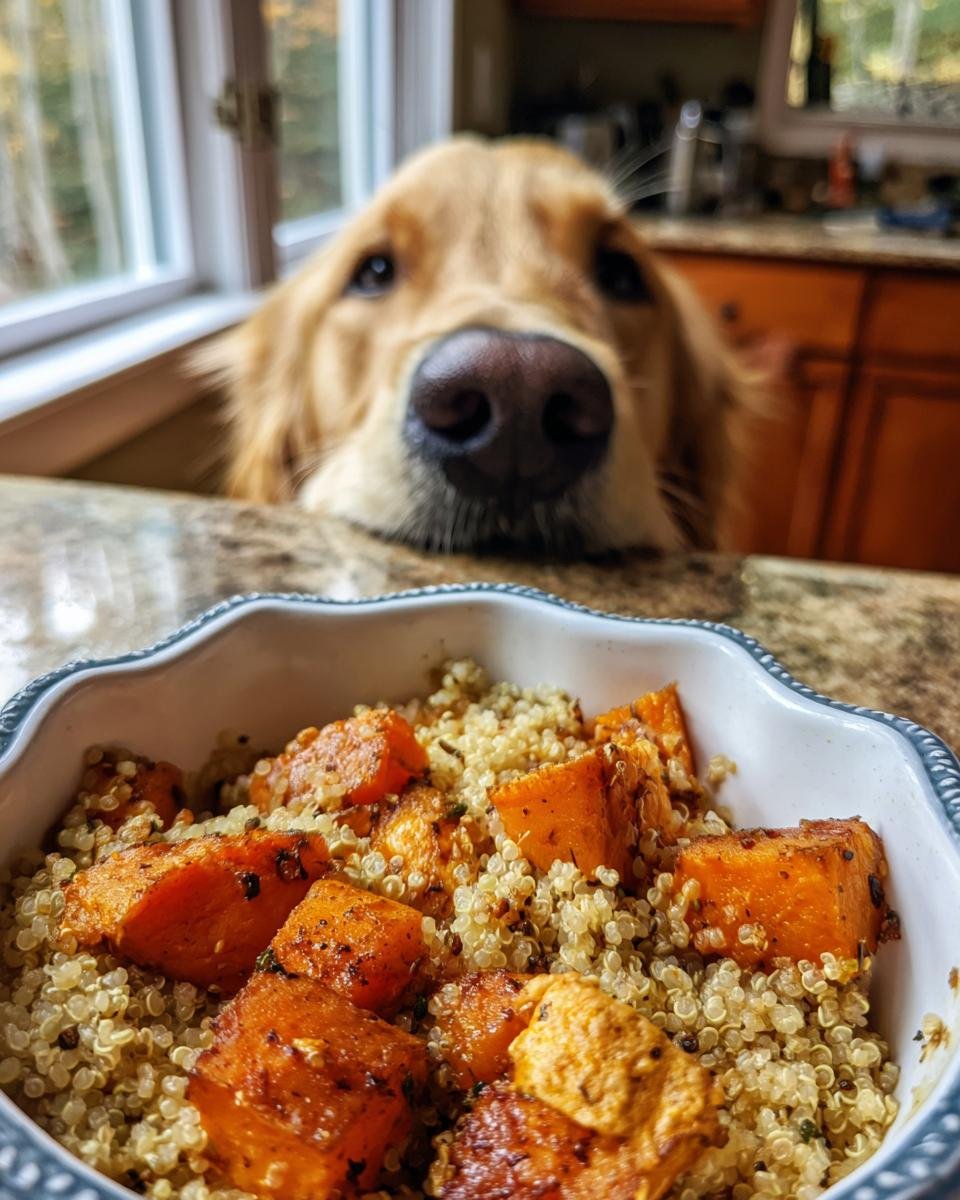 A golden retriever dog looking curiously at a Chicken and Squash Beta Carotene Bowl.