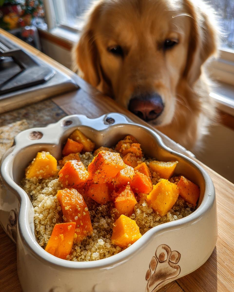 Golden Retriever looking at a dog bowl filled with quinoa, chicken, and squash chunks, a Chicken and Squash Beta Carotene Bowl for Eye Support.