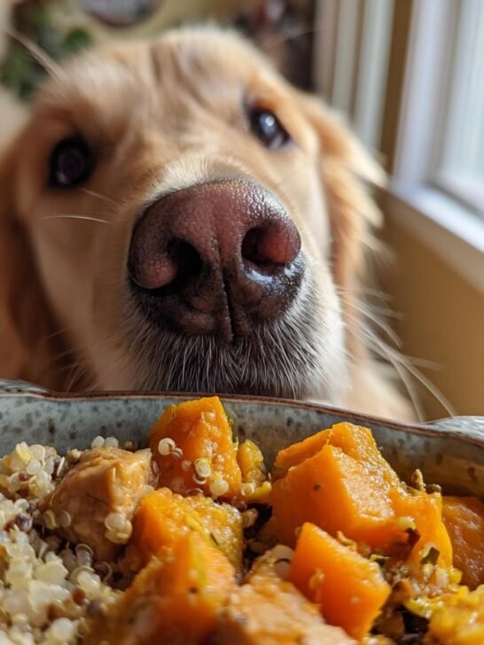 A golden retriever dog looking curiously at a Chicken and Squash Beta Carotene Bowl.