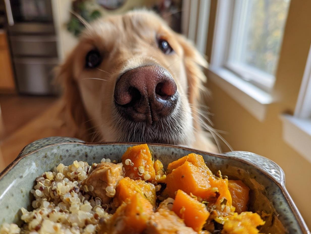 A golden retriever dog looking curiously at a Chicken and Squash Beta Carotene Bowl.