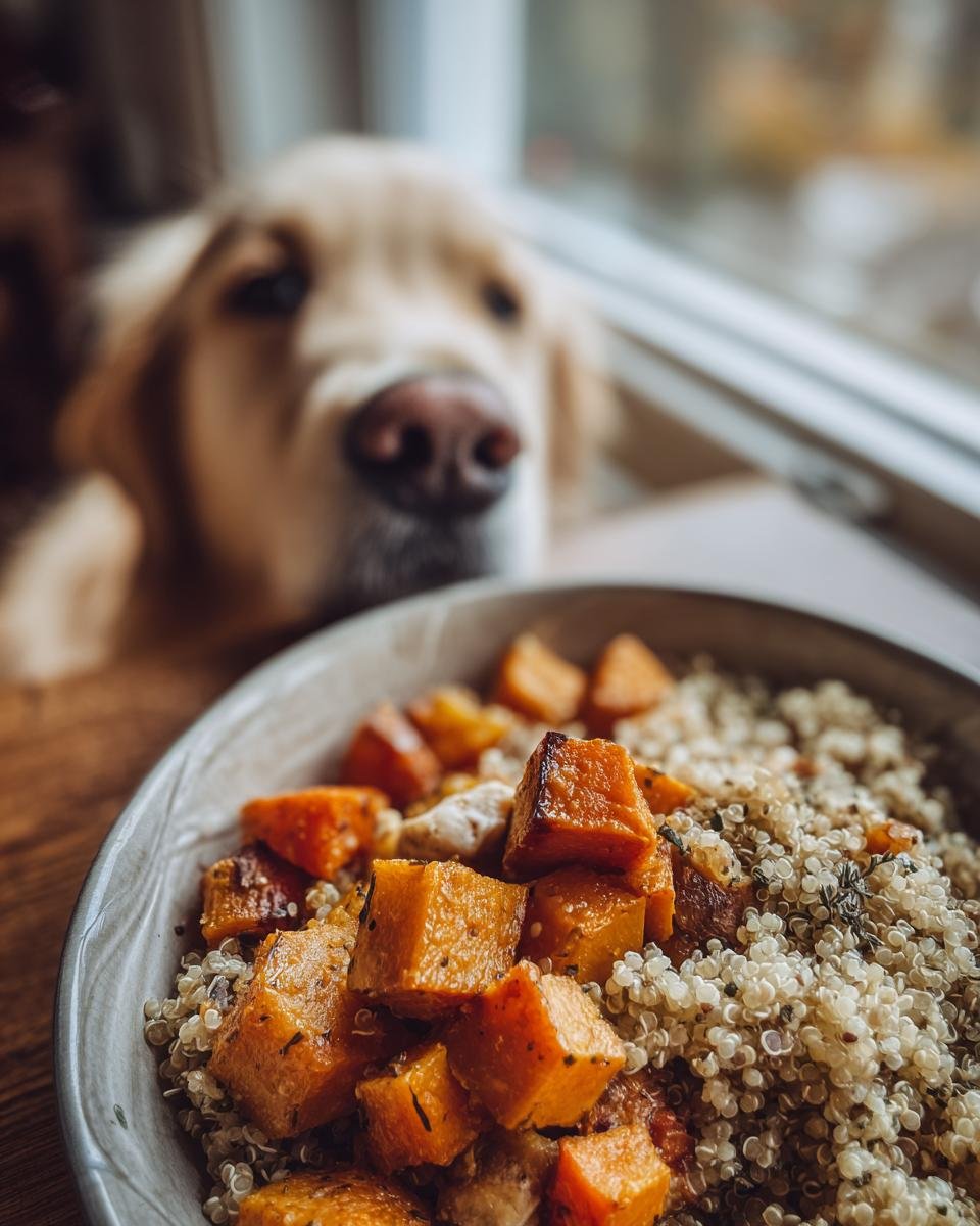 A close-up of a Chicken and Squash Beta Carotene Bowl with quinoa and roasted squash cubes, a golden retriever in the background.