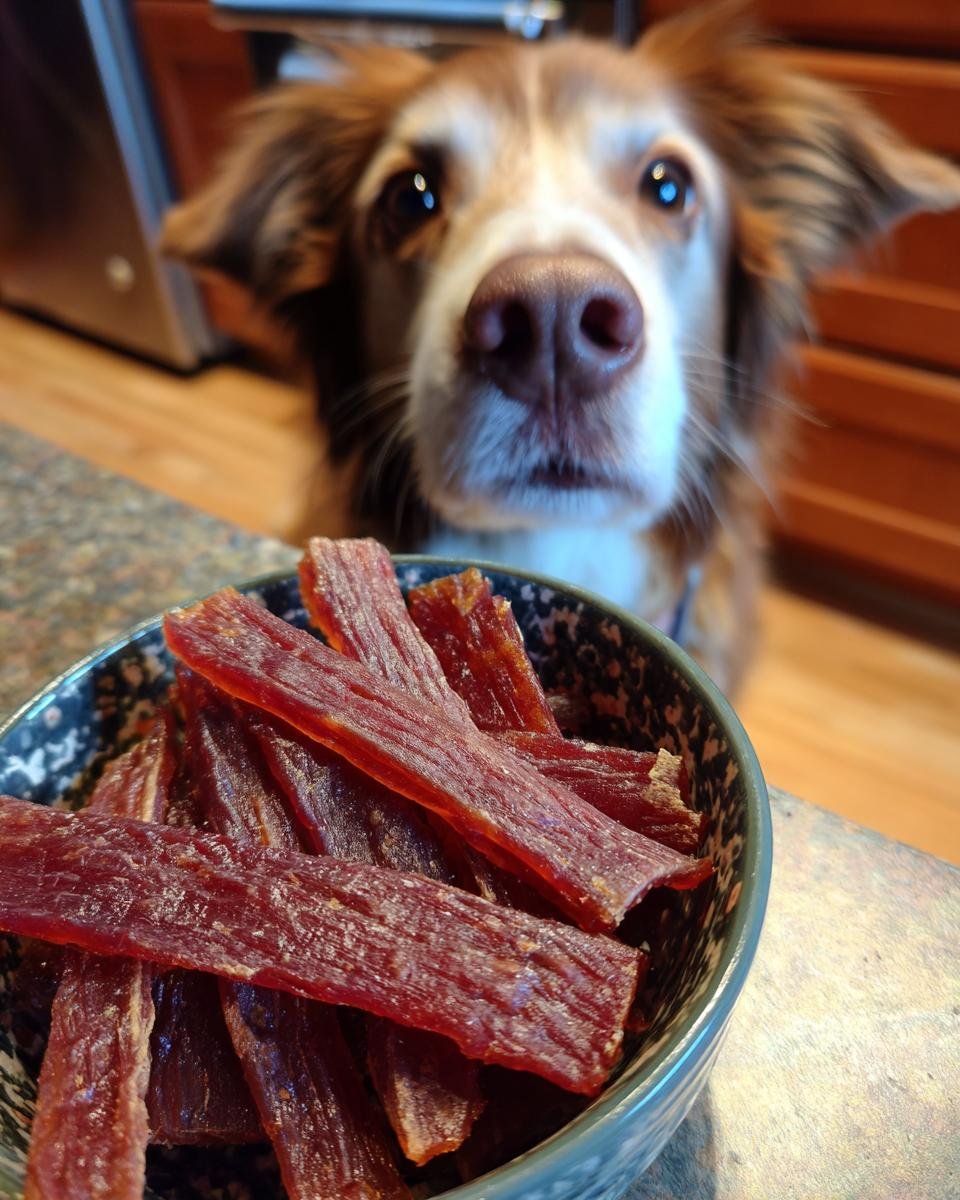 A bowl of homemade Chicken Strawberry Hydration Jerky with a dog looking expectantly in the background.
