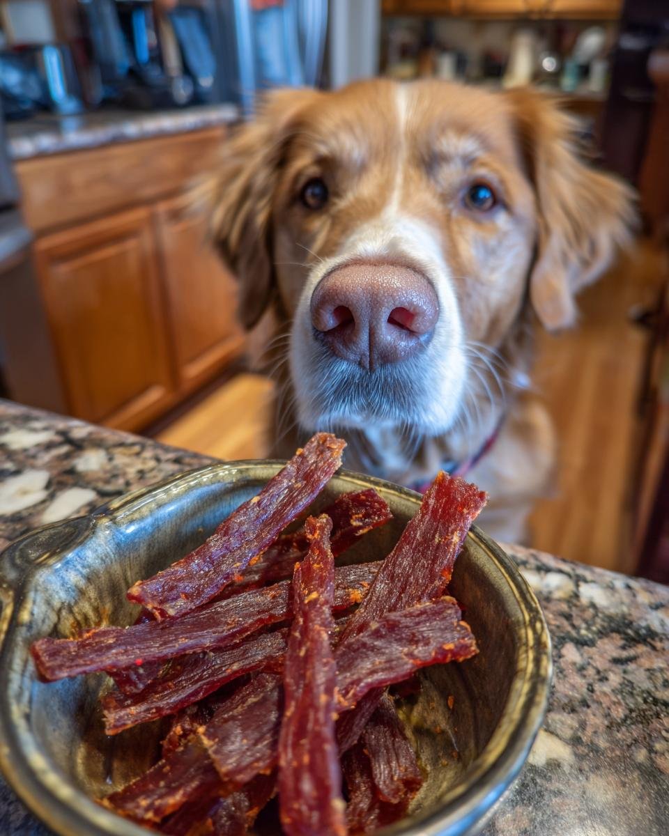 A dog eagerly looking at a bowl of Chicken Strawberry Hydration Jerky.