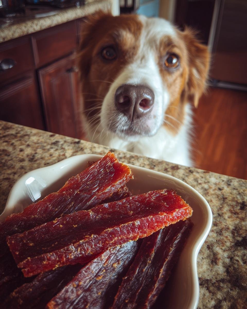 A dog looking intently at a bowl of Chicken Strawberry Hydration Jerky.