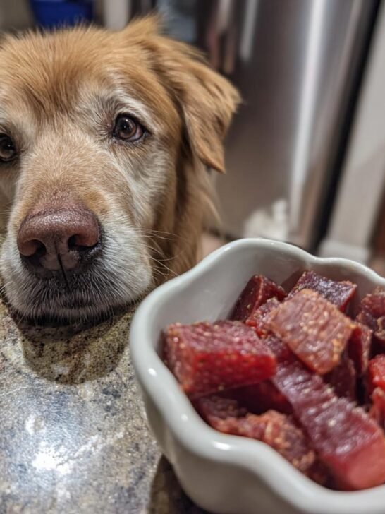 A golden retriever dog looking longingly at a bowl of Chicken Strawberry Hydration Jerky.