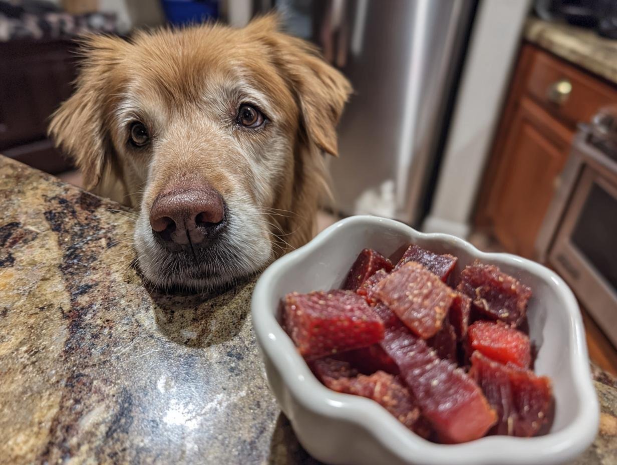 A golden retriever dog looking longingly at a bowl of Chicken Strawberry Hydration Jerky.