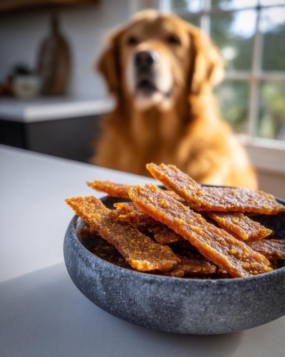 A bowl of homemade Chicken Turmeric Anti-Inflammation Jerky with a golden retriever in the background.
