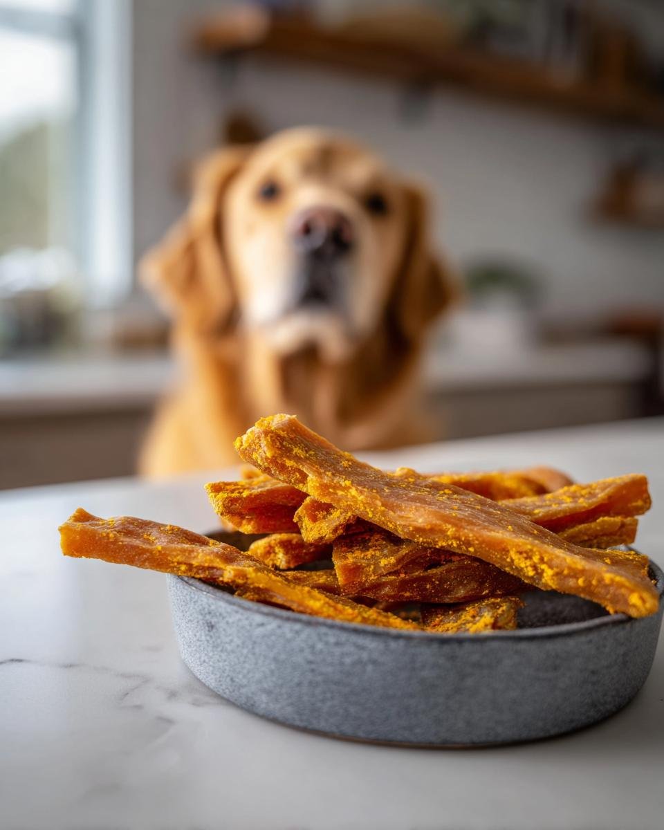 A bowl of homemade Chicken Turmeric Anti-Inflammation Jerky with a golden retriever dog in the background.