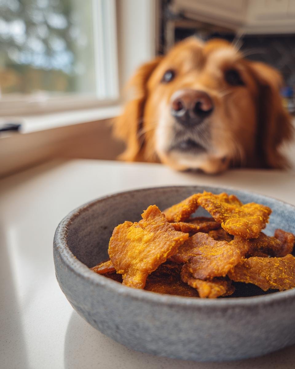 A bowl of homemade Chicken Turmeric Anti-Inflammation Jerky with a golden retriever dog looking on.