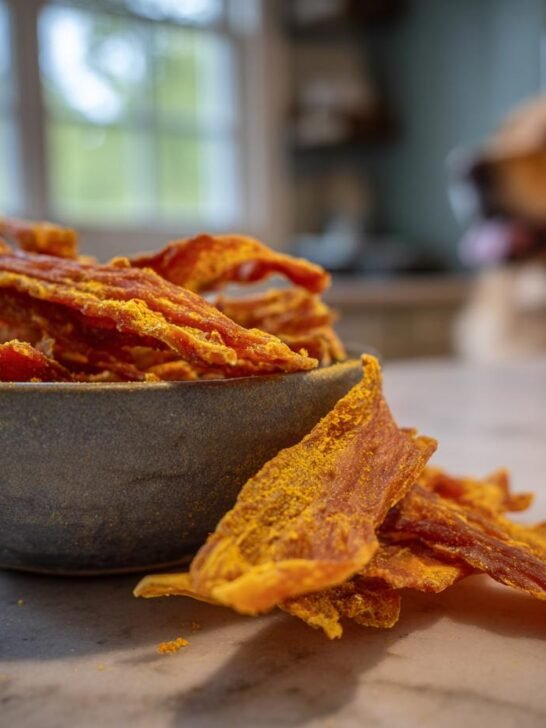 Close-up of homemade Chicken Turmeric Anti-Inflammation Jerky in a bowl, with a golden retriever in the blurred background.