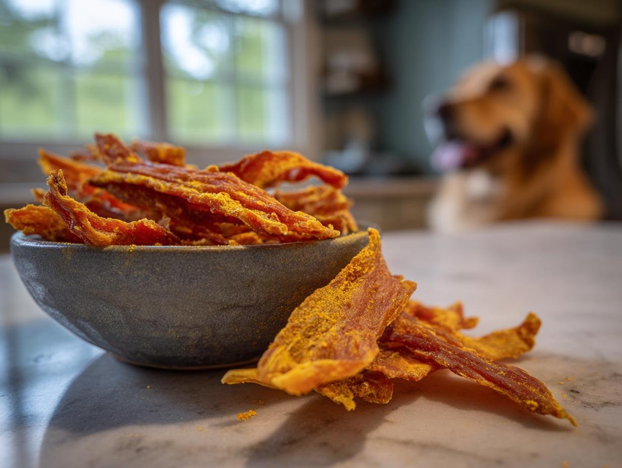 Close-up of homemade Chicken Turmeric Anti-Inflammation Jerky in a bowl, with a golden retriever in the blurred background.
