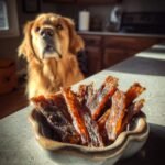 A bowl of homemade Chicken Zucchini Hydration Jerky with a Golden Retriever looking on.