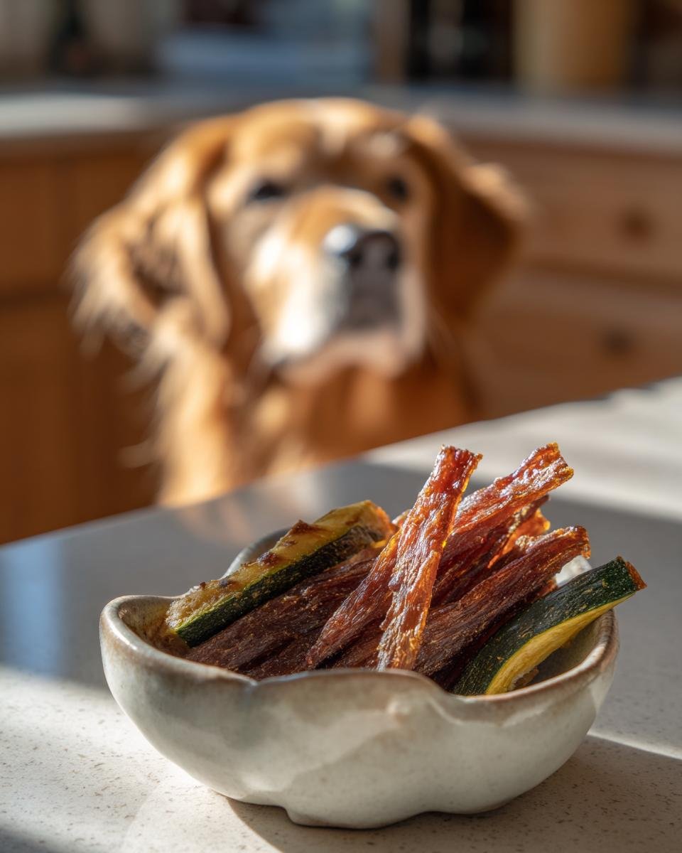 A bowl filled with homemade Chicken Zucchini Hydration Jerky, with a golden retriever in the blurred background.