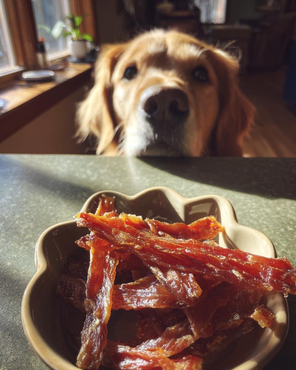 Golden Retriever dog looking longingly at a bowl of Chicken Zucchini Hydration Jerky.