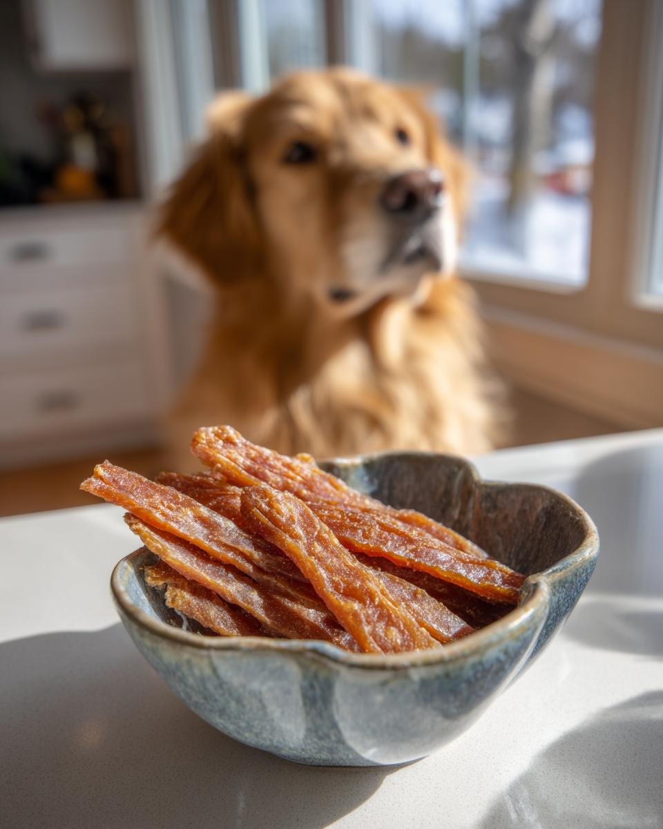 A bowl of homemade Chicken Zucchini Hydration Jerky with a Golden Retriever dog in the background.