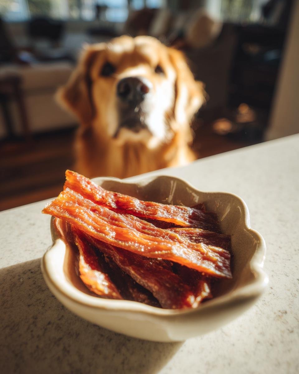 A bowl of homemade Chicken Zucchini Hydration Jerky with a Golden Retriever looking on.