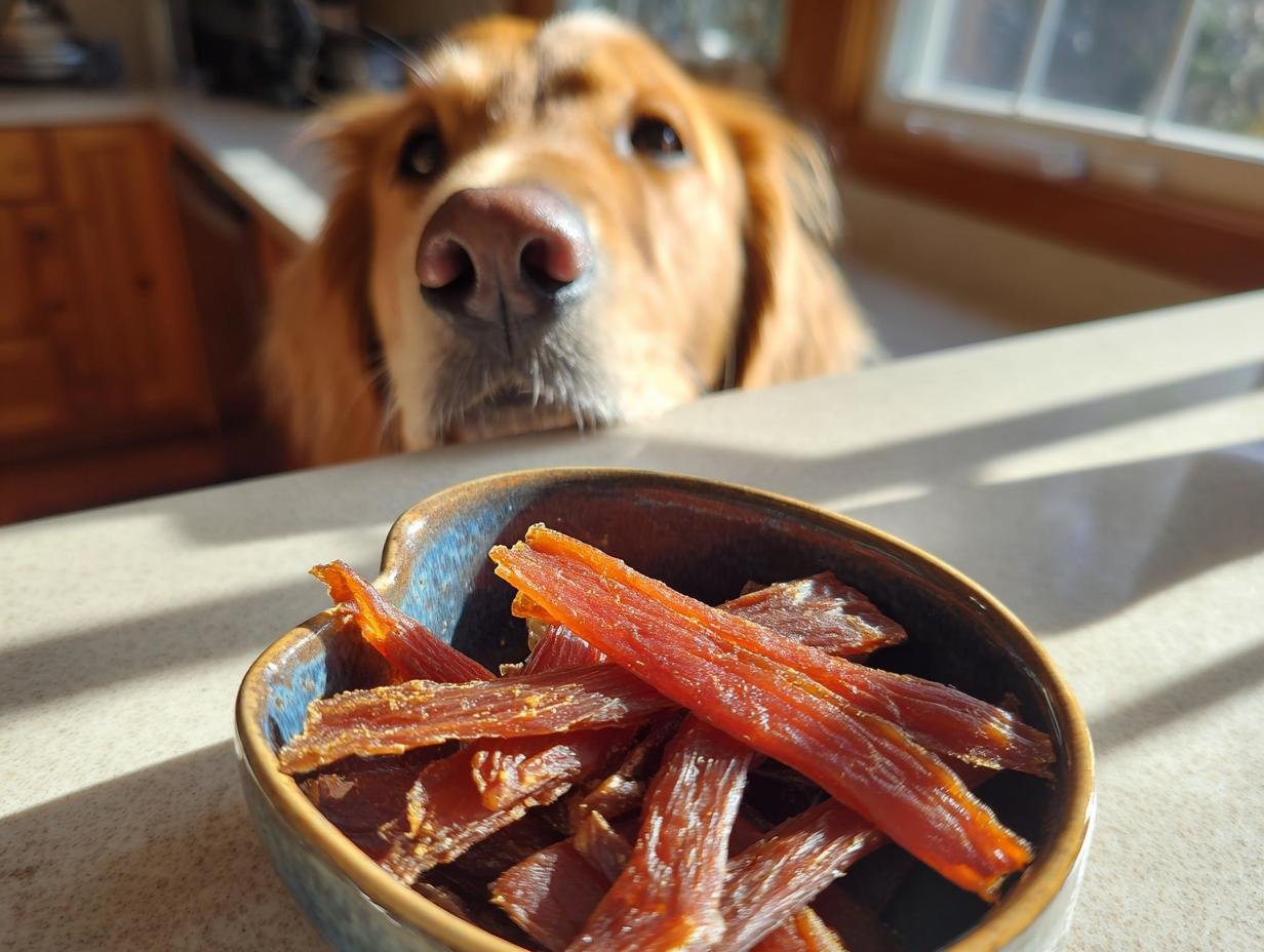 A golden retriever dog looking longingly at a bowl of homemade Chicken Zucchini Hydration Jerky.