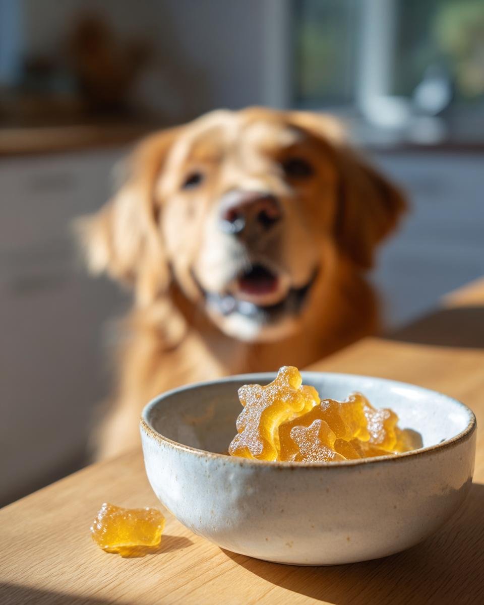 Star-shaped Clean Ingredient Bone Broth Gummy Bones in a bowl with a happy Golden Retriever in the background.