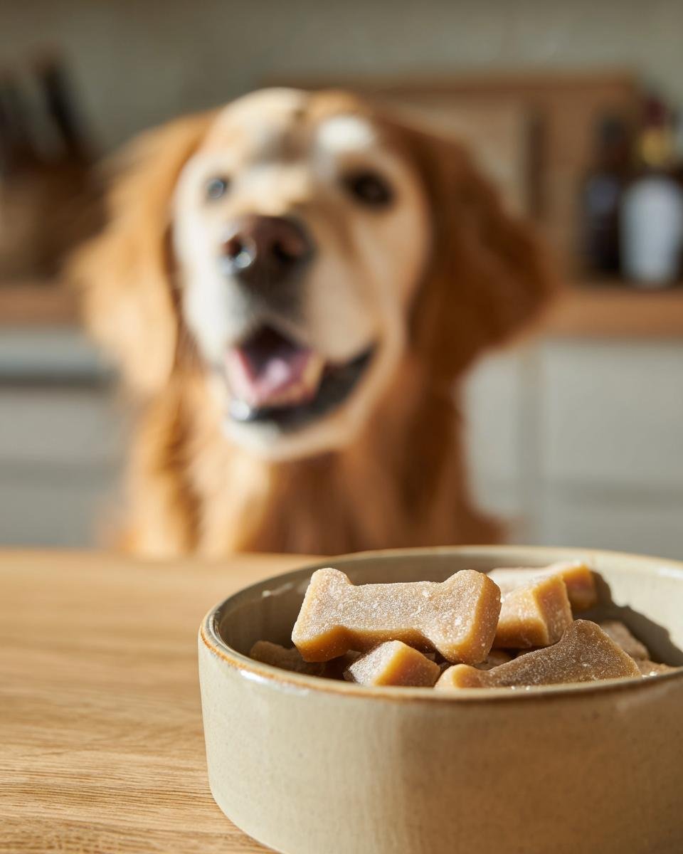 A bowl of homemade Clean Ingredient Bone Broth Gummy Bones for Dogs sits on a wooden table with an excited Golden Retriever blurred in the background.