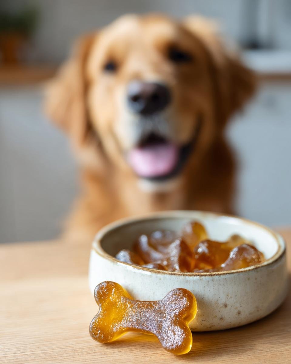 A close-up of a bone-shaped Clean Ingredient Bone Broth Gummy Bone with a happy Golden Retriever waiting in the blurred background.