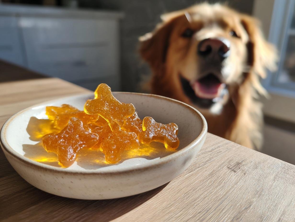 Bone-shaped Clean Ingredient Bone Broth Gummy Bones for Dogs in a small bowl with a happy Golden Retriever in the background.