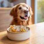 A bowl of star-shaped Clean Ingredient Bone Broth Gummy Bones for dogs with a happy Golden Retriever looking on.