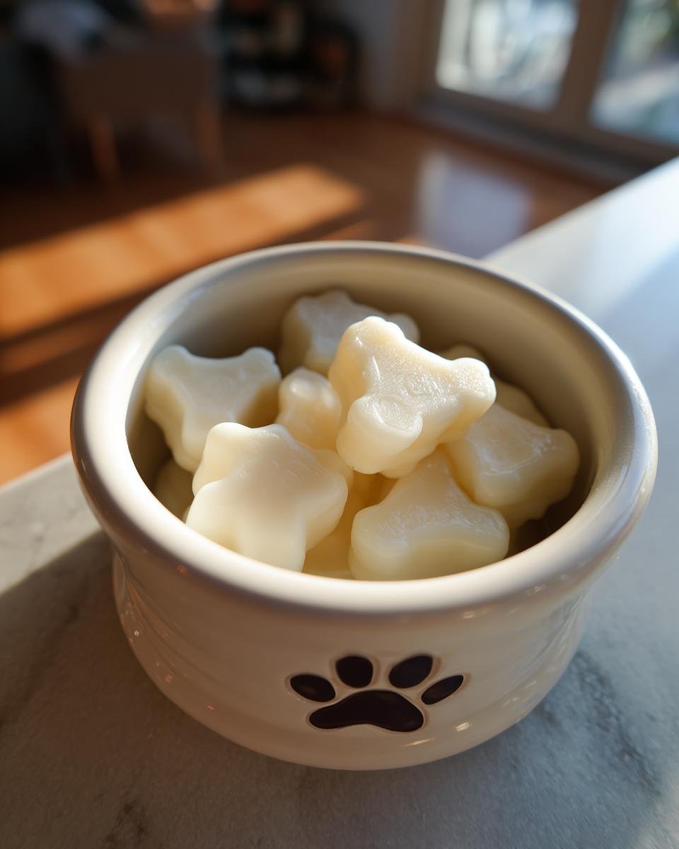 White, paw-shaped Coconut Milk Bone Broth Gummies for Dogs in a small ceramic bowl with a paw print.