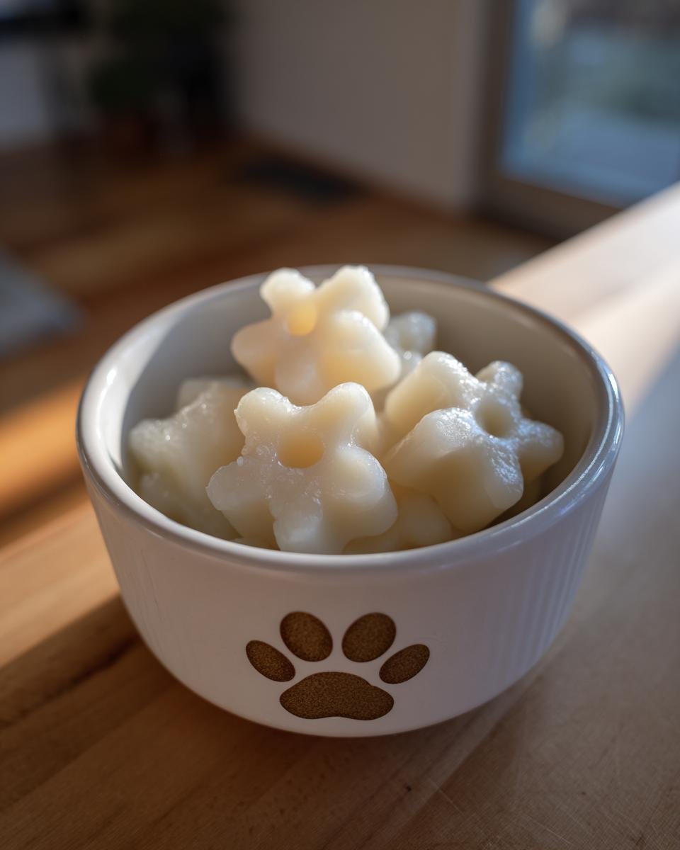 Flower-shaped Coconut Milk Bone Broth Gummies for Dogs in a white bowl with a paw print.