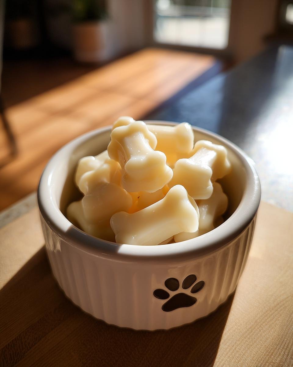 A bowl filled with creamy, bone-shaped Coconut Milk Bone Broth Gummies for Dogs, sitting in sunlight.