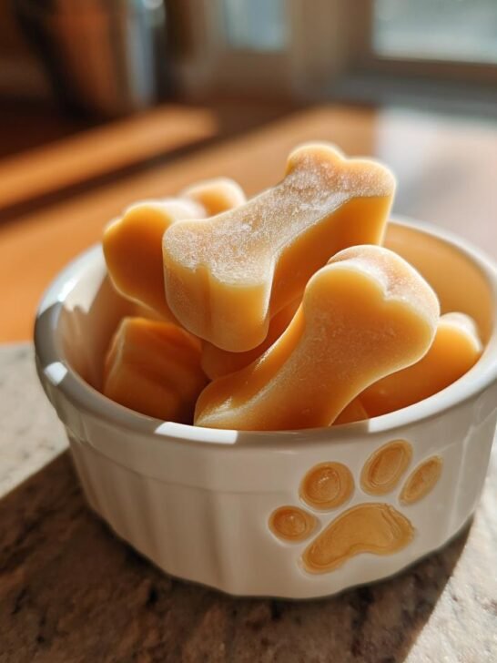 Bone-shaped Coconut Milk Bone Broth Gummies for Dogs piled in a small white bowl with a paw print design.