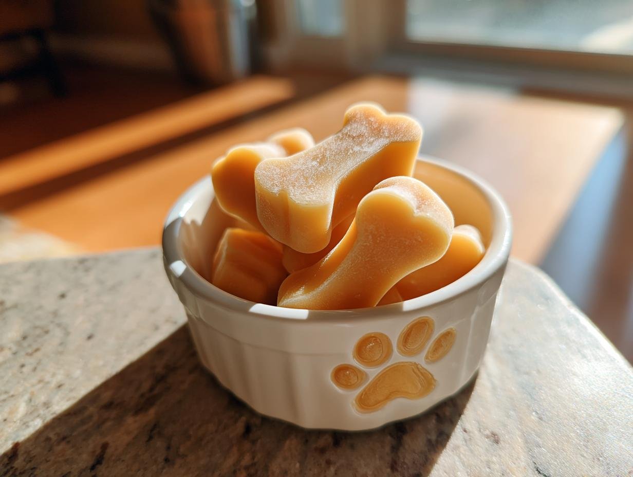 Bone-shaped Coconut Milk Bone Broth Gummies for Dogs piled in a small white bowl with a paw print design.