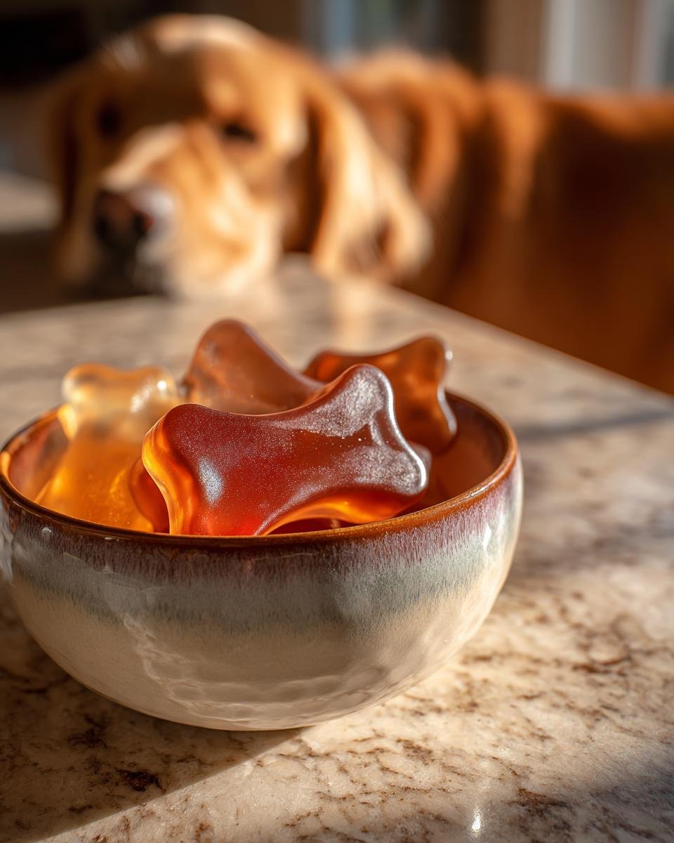 Bone-shaped Collagen-Rich Bone Broth Gummy Bones for Dogs in a ceramic bowl, with a golden retriever waiting in the background.