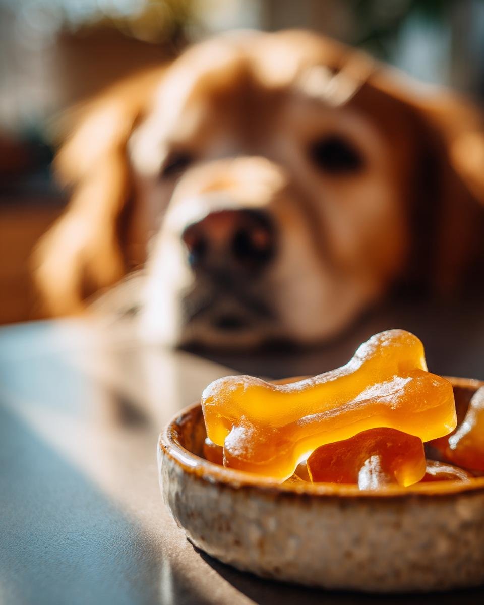 Close-up of amber-colored, bone-shaped Collagen-Rich Bone Broth Gummy Bones in a bowl, with a golden retriever looking on in the background.
