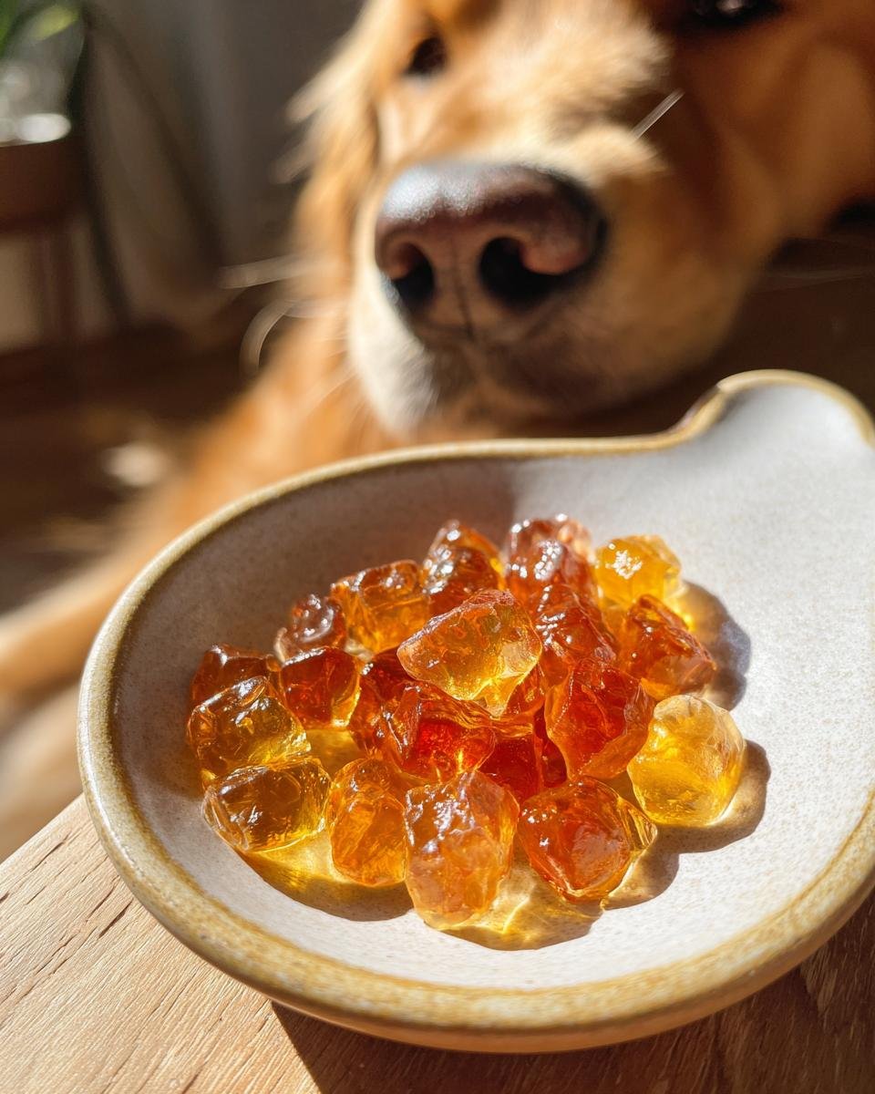 A small bowl of amber-colored Cooling Summer Bone Broth Gummies for Dogs sits on a wooden surface while a golden retriever looks on.