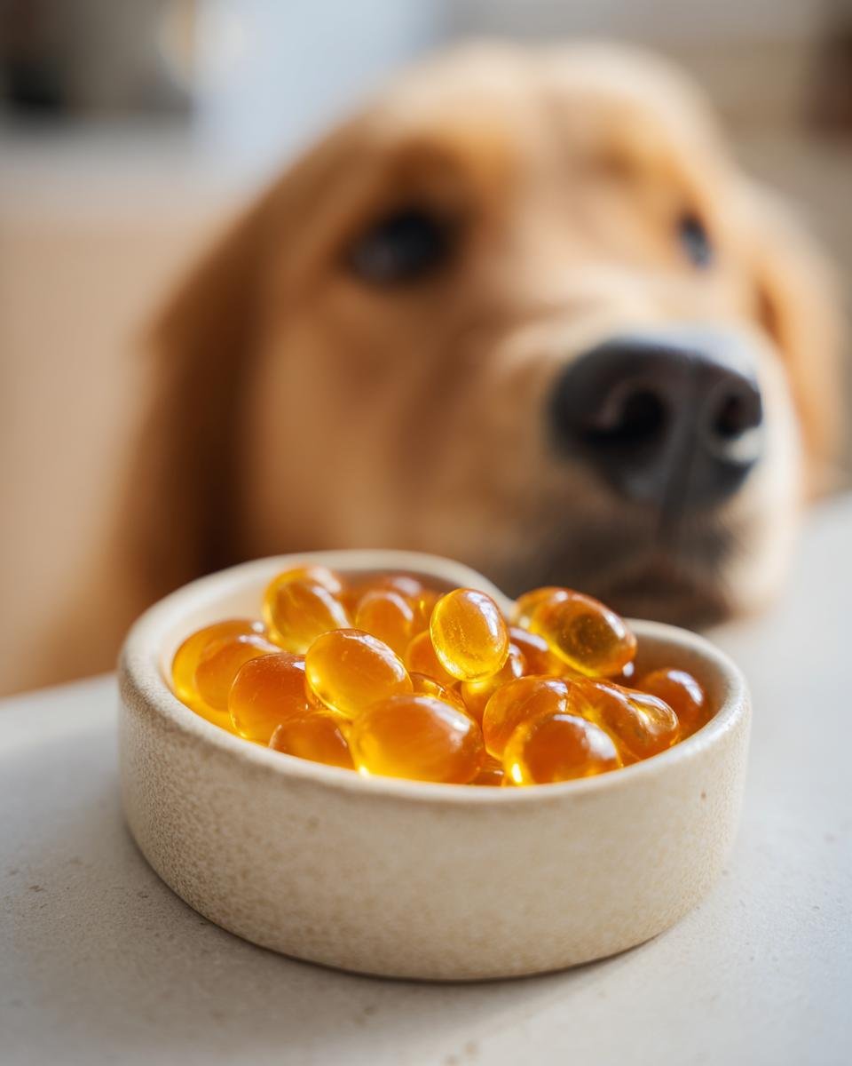 A bowl of amber-colored Cooling Summer Bone Broth Gummies for dogs with a curious Golden Retriever looking on in the background.