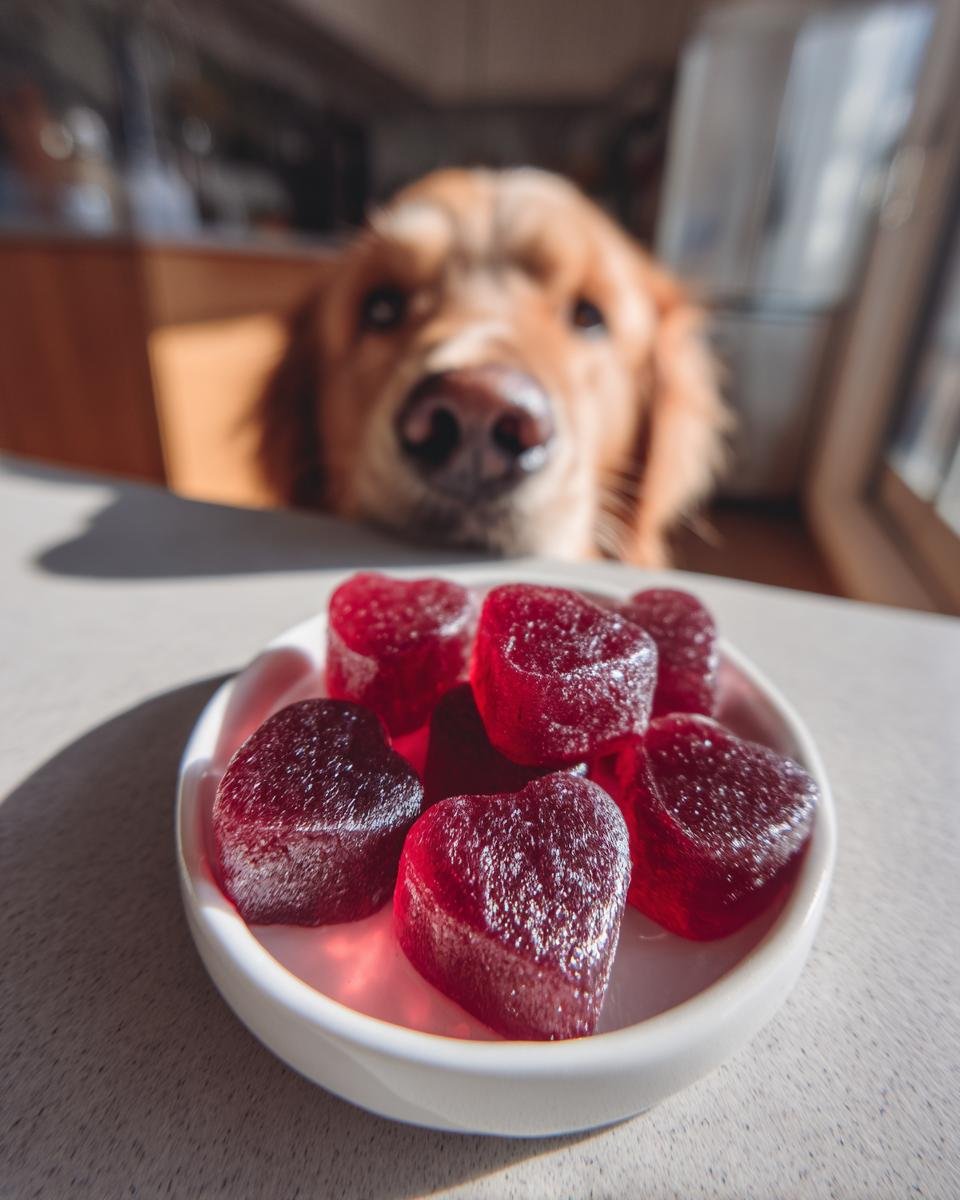 A golden retriever looks eagerly at heart-shaped Cranberry Bone Broth Urinary Support Gummies for Dogs in a small white bowl.