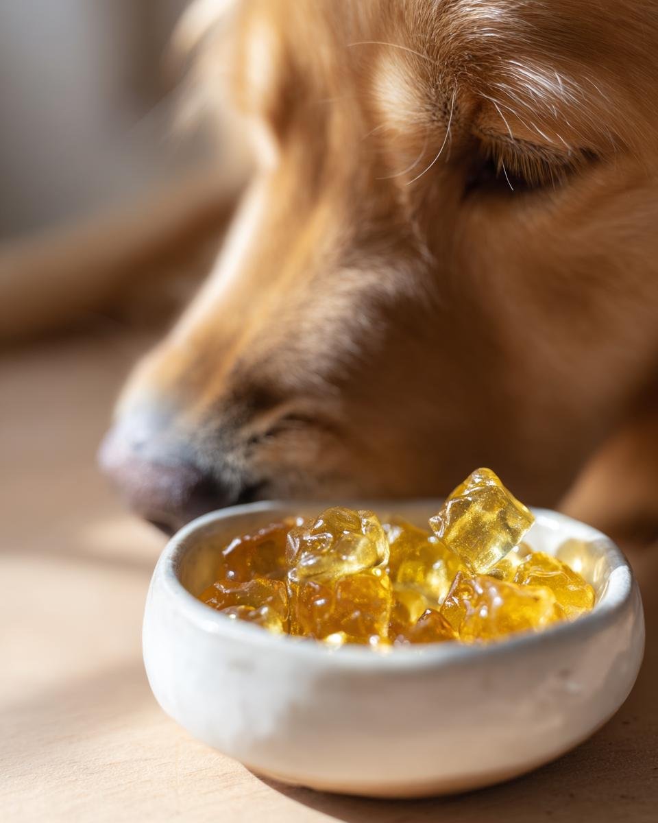 A golden retriever focuses intently on a small white bowl filled with amber Anti-Inflammatory Bone Broth Gummies for Dogs.