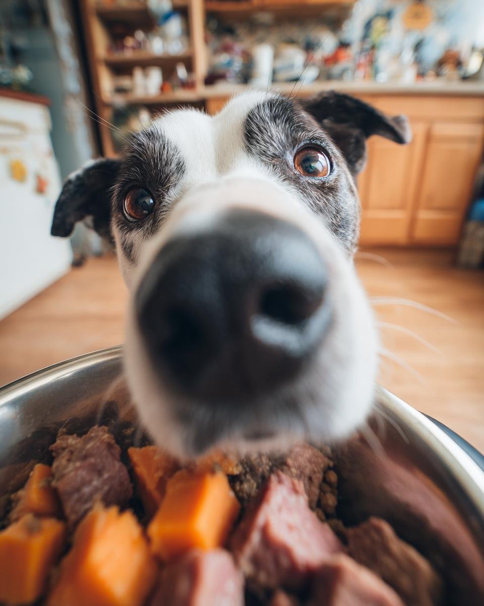 A dog's face is close to the camera, looking down at a bowl of beef and sweet potato comfort dish.