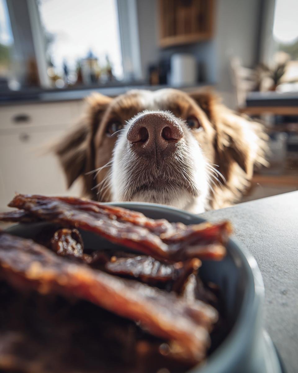 A dog's nose is close to a bowl of Beef Sweet Potato Protein Jerky, with the dog looking intently at the treats.