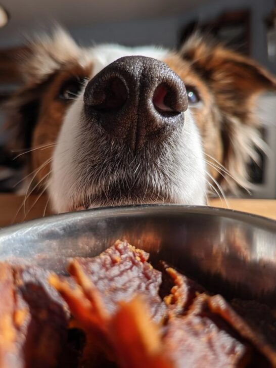 A dog's nose is close to a bowl of Beef Sweet Potato Protein Jerky, looking eager to taste.
