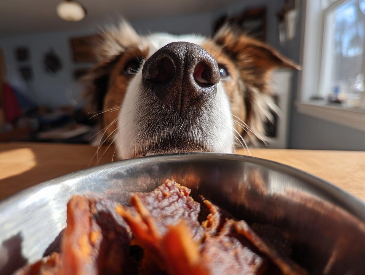 A dog's nose is close to a bowl of Beef Sweet Potato Protein Jerky, looking eager to taste.