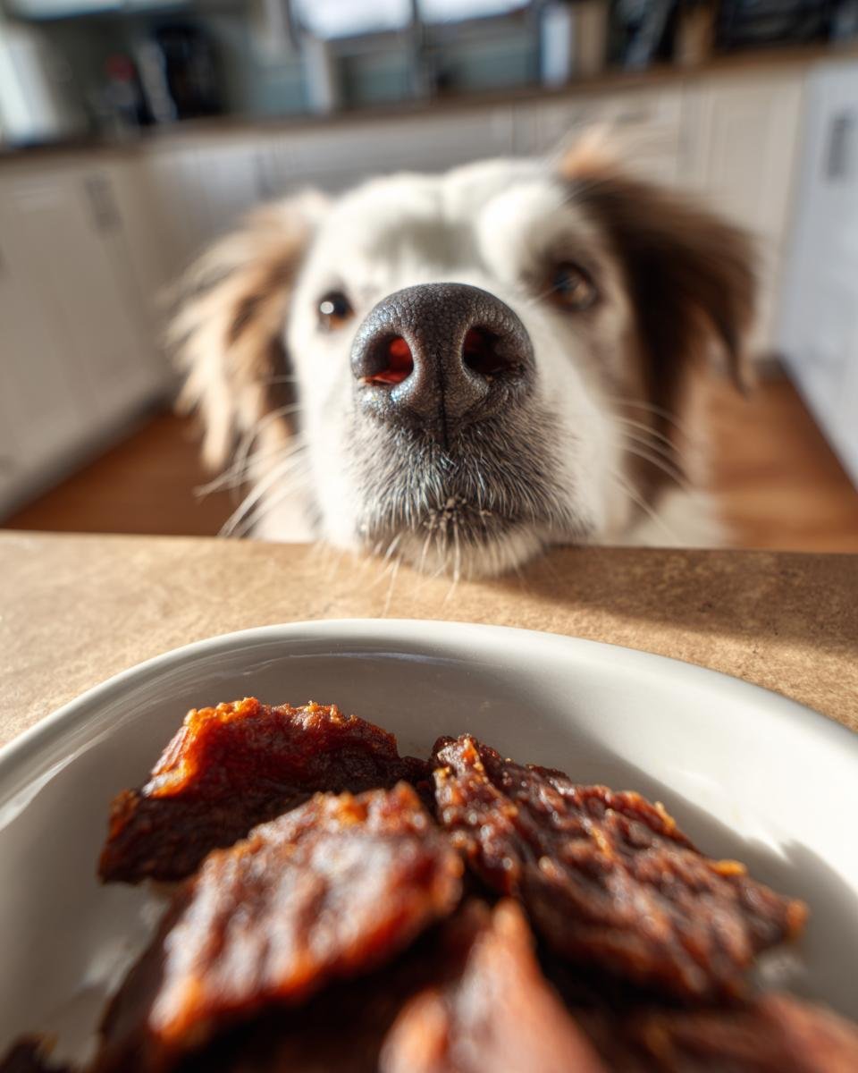 A dog's nose is up close to the camera, looking longingly at a bowl of Beef Sweet Potato Protein Jerky.