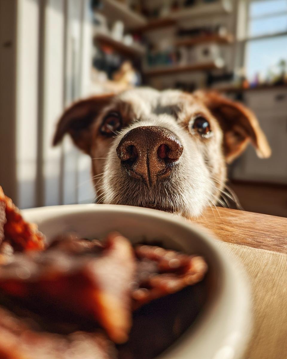 A dog's nose and eyes are in focus, looking down at a bowl of Beef Sweet Potato Protein Jerky.