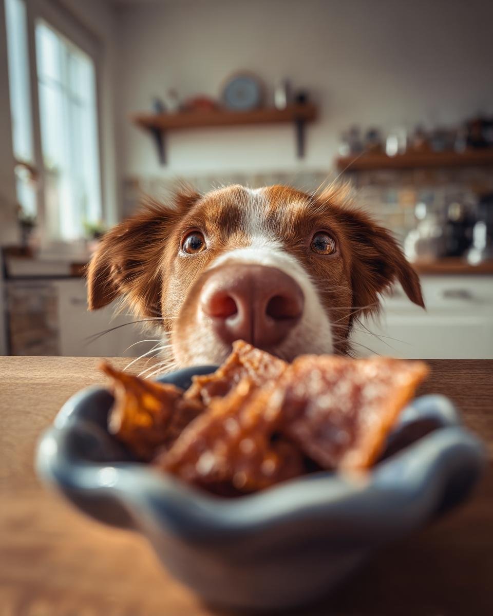 A cute dog with big eyes looks longingly at a bowl of Chicken Coconut Energy Jerky.