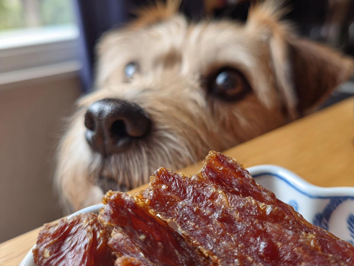 A curious dog's face is in focus, looking intently at a bowl of Turkey Apple Slim Jerky.